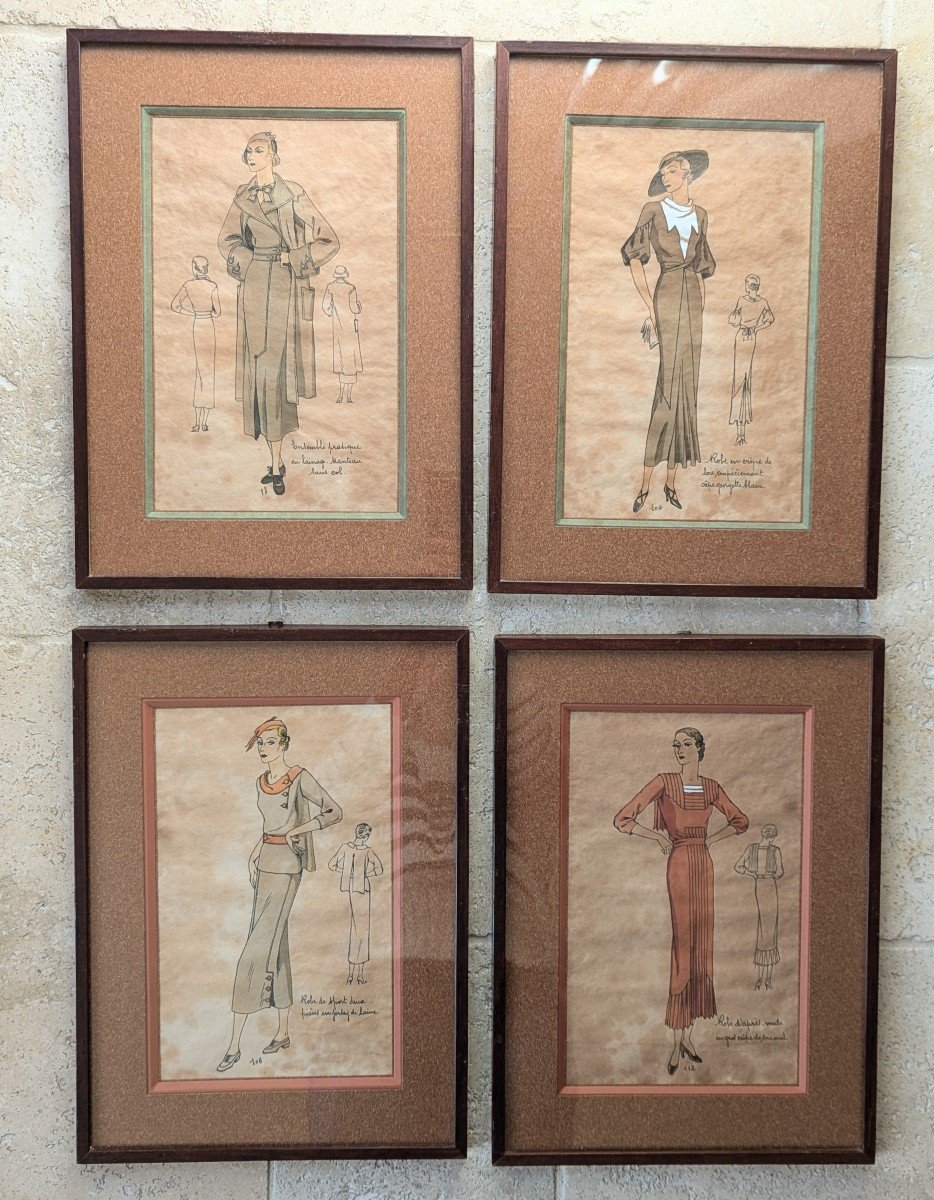 Set Of Four Fashion Watercolors And Ink. 