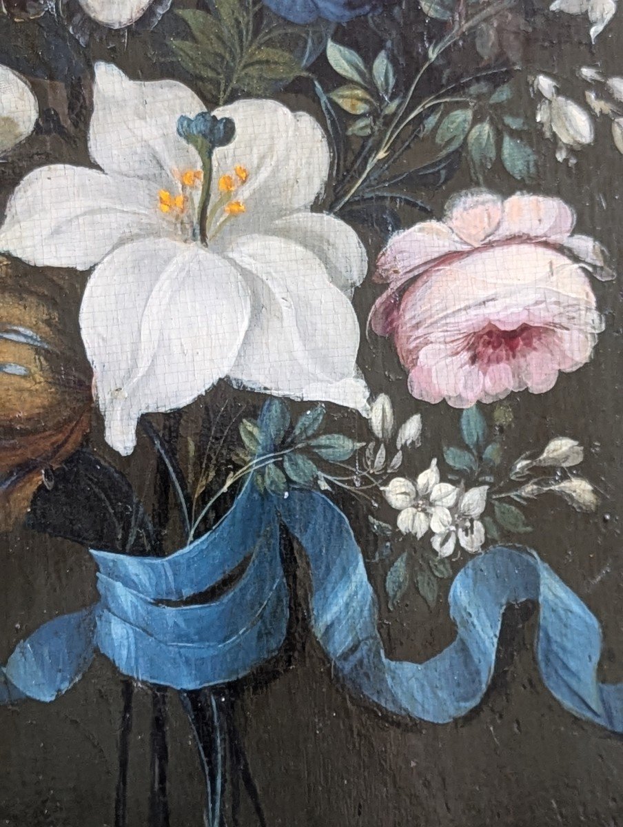 Oil On Panel Bouquet With Blue Ribbon-photo-2
