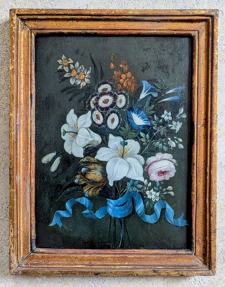 Oil On Panel Bouquet With Blue Ribbon-photo-3