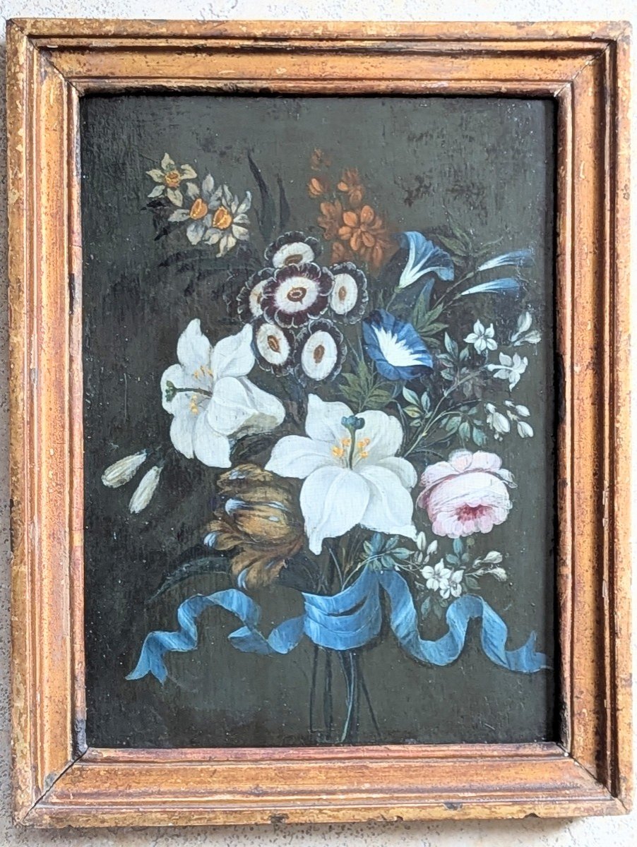 Oil On Panel Bouquet With Blue Ribbon-photo-4