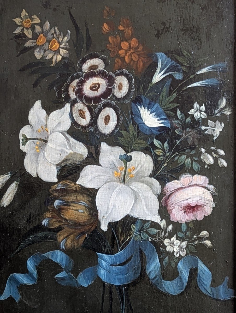Oil On Panel Bouquet With Blue Ribbon-photo-5