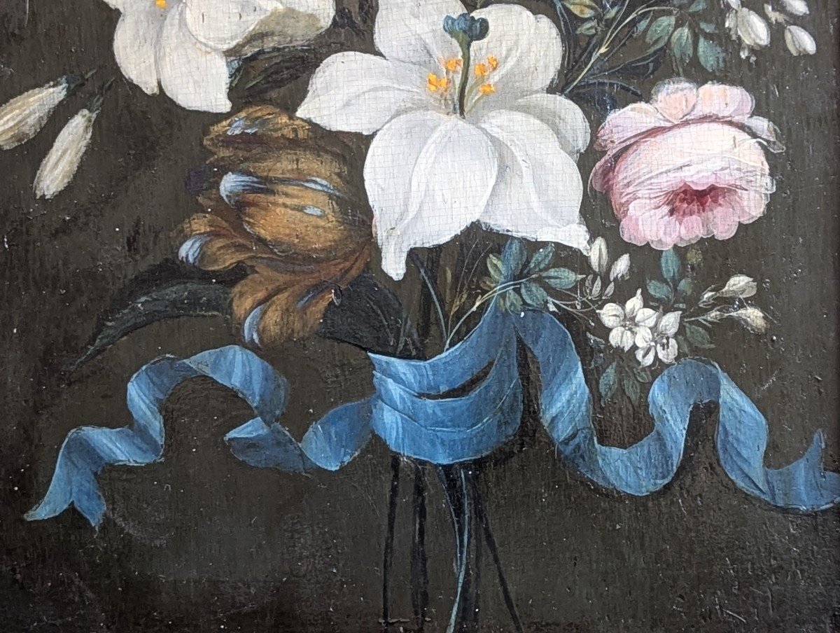 Oil On Panel Bouquet With Blue Ribbon-photo-8