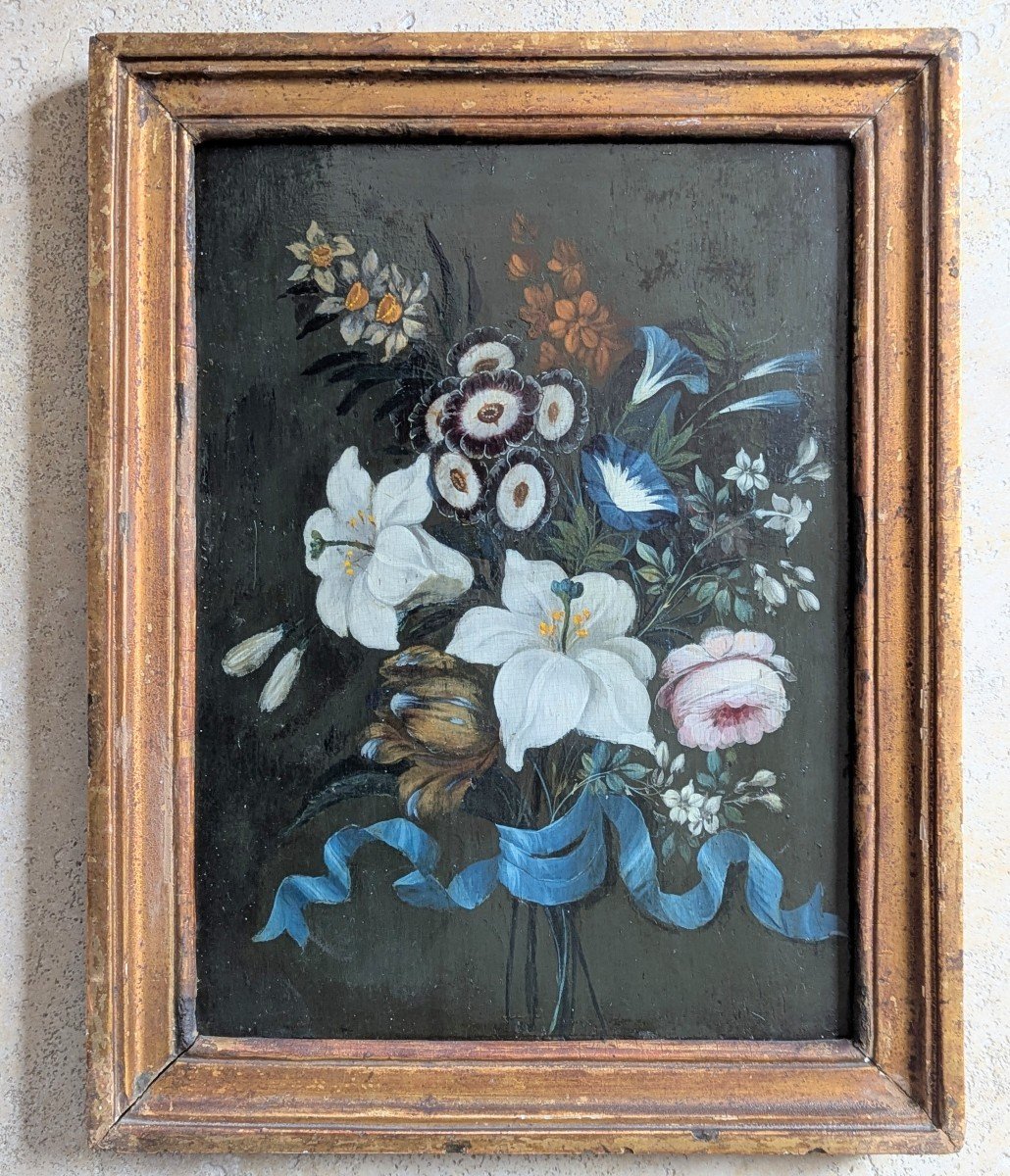 Oil On Panel Bouquet With Blue Ribbon-photo-6