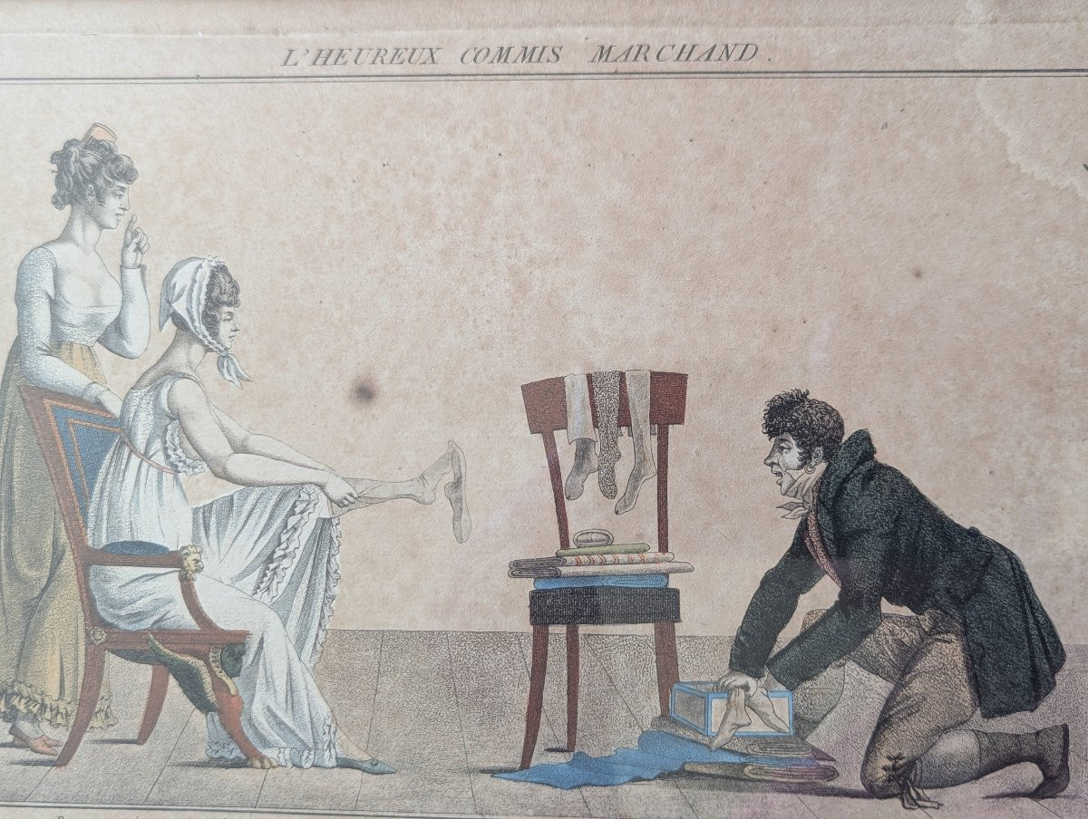 Gravure humoristique encadrée " l'heureux commis marchand " Époque Empire-photo-4