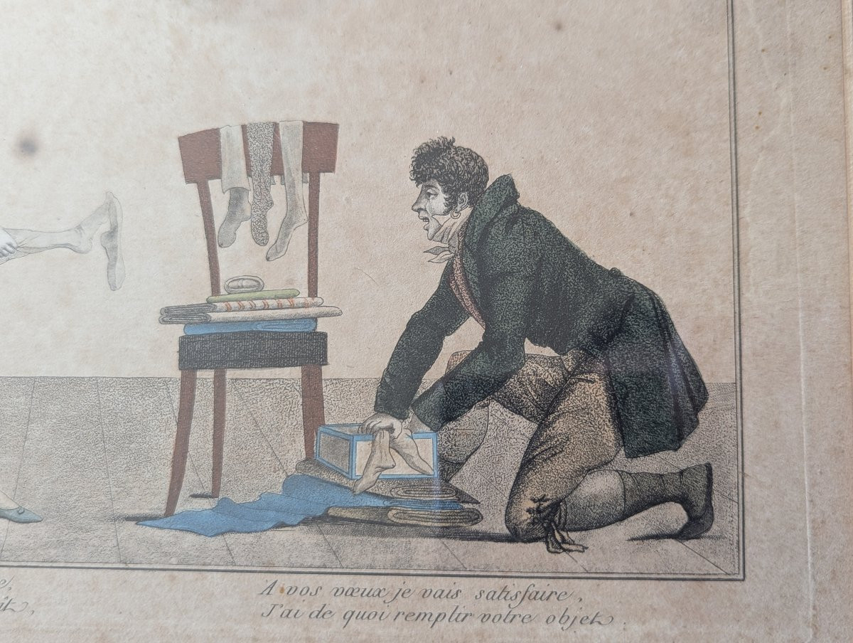 Gravure humoristique encadrée " l'heureux commis marchand " Époque Empire-photo-2