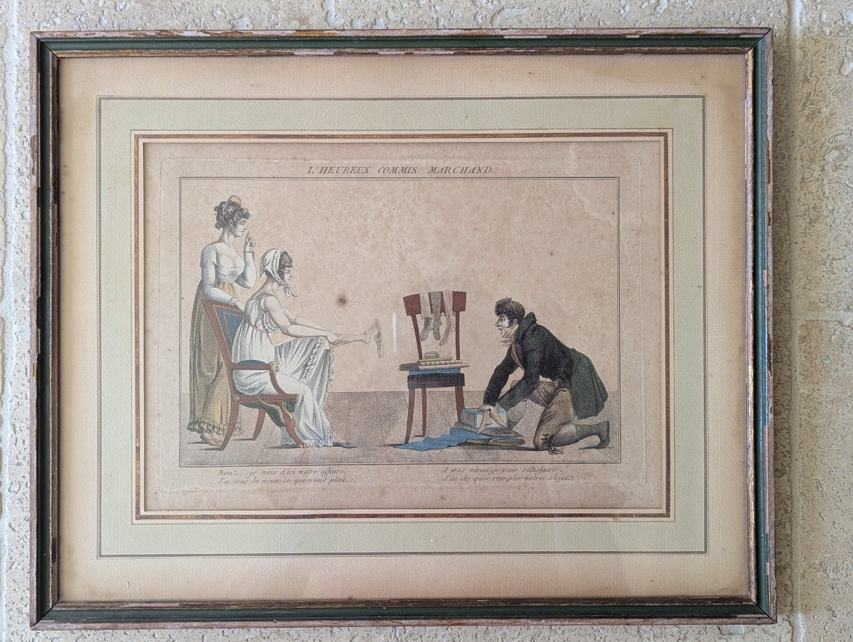 Gravure humoristique encadrée " l'heureux commis marchand " Époque Empire-photo-4