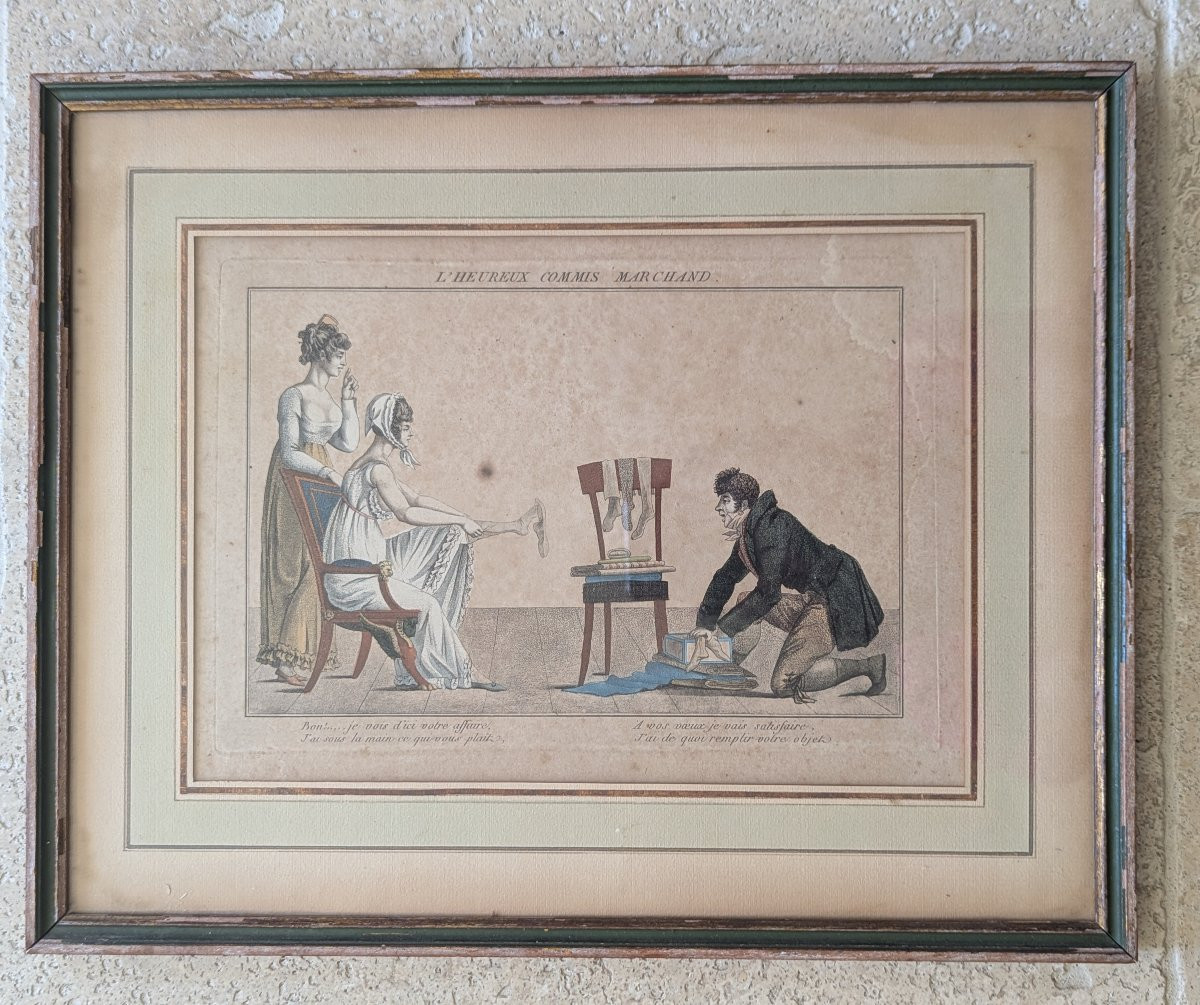 Gravure humoristique encadrée " l'heureux commis marchand " Époque Empire-photo-5