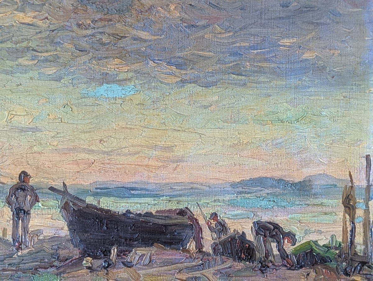 Impressionist Painting Of Fishermen At Sunset-photo-2