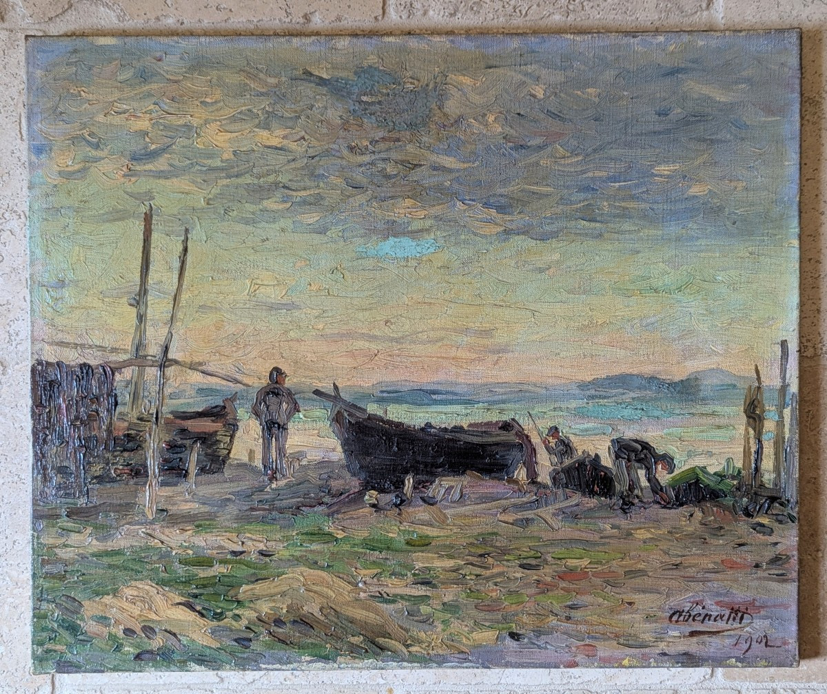 Impressionist Painting Of Fishermen At Sunset
