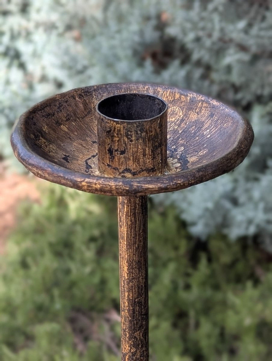 Hammered Tripod Candlestick In Gilded Patinated Wrought Iron -photo-3
