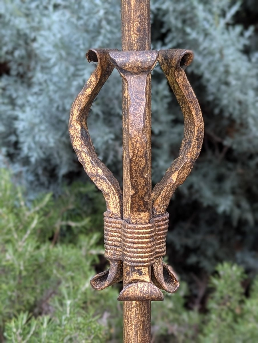 Hammered Tripod Candlestick In Gilded Patinated Wrought Iron -photo-4