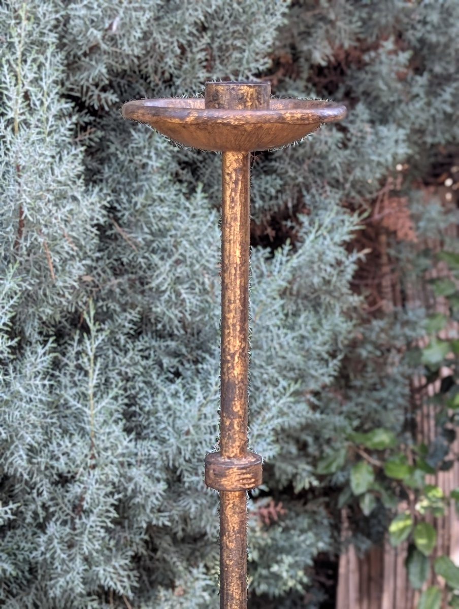 Hammered Tripod Candlestick In Gilded Patinated Wrought Iron -photo-7