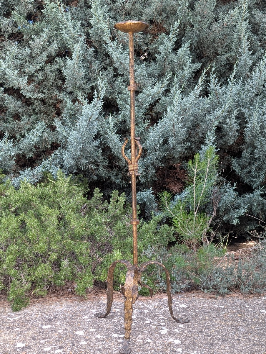 Hammered Tripod Candlestick In Gilded Patinated Wrought Iron 