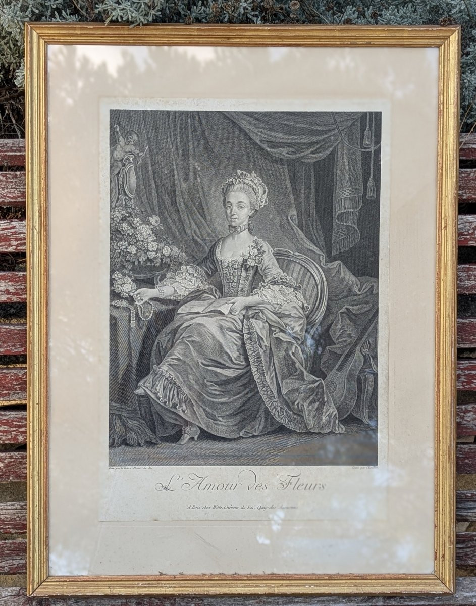 L' Amour des fleurs grande gravure encadrée XVIII ème siècle d'après Le Prince-photo-3
