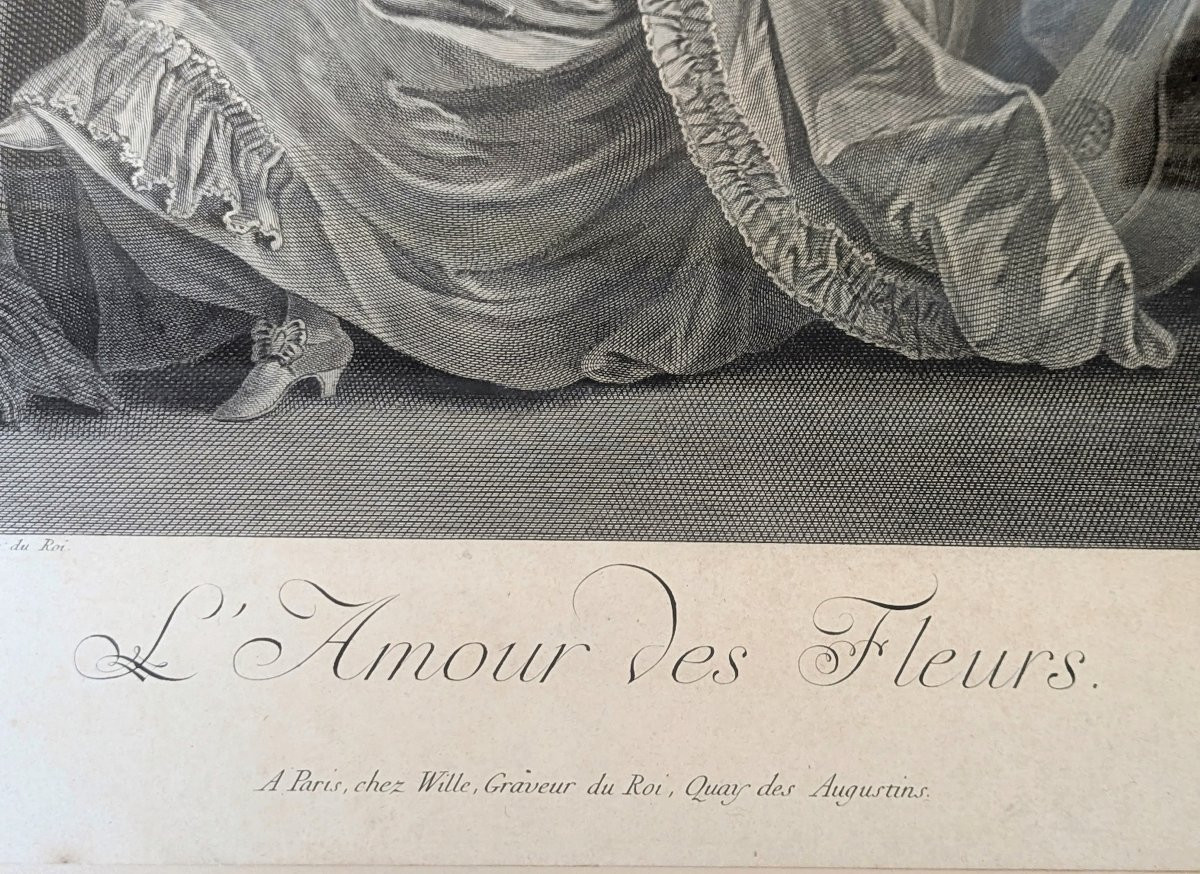 L' Amour des fleurs grande gravure encadrée XVIII ème siècle d'après Le Prince-photo-1