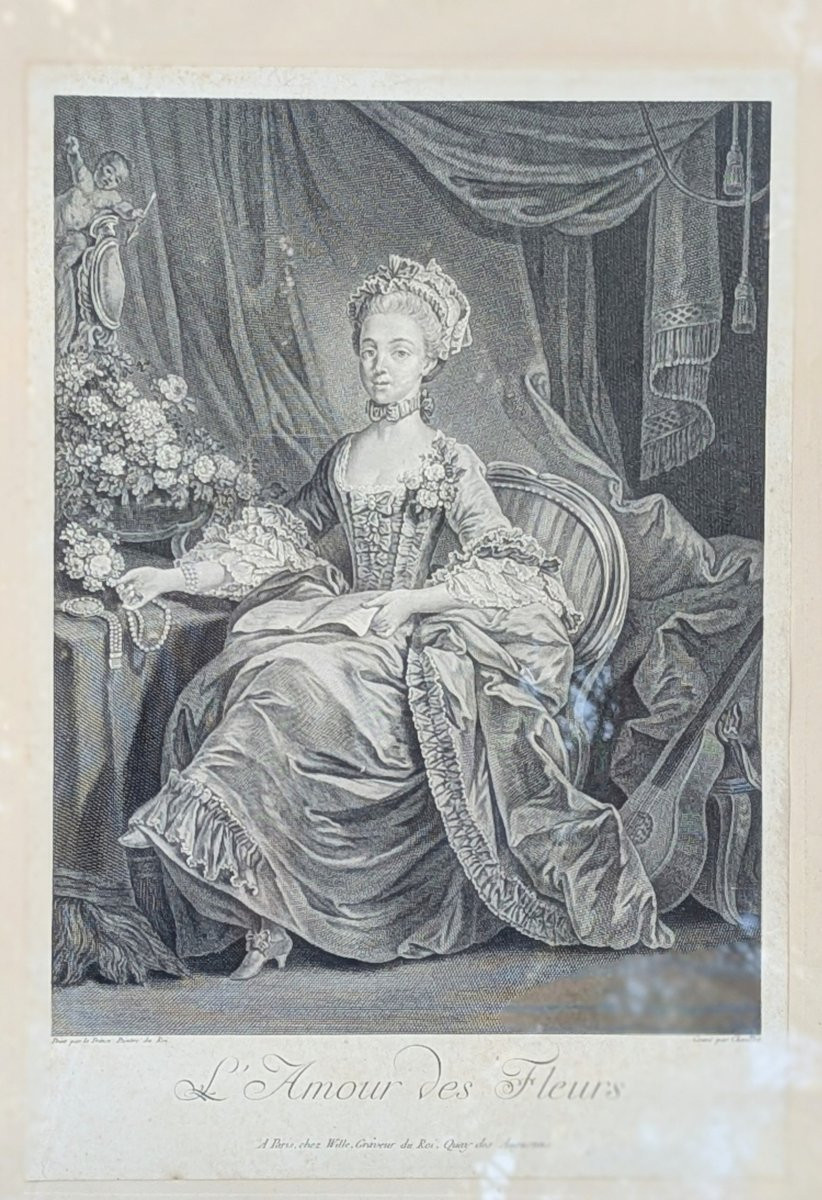 L' Amour des fleurs grande gravure encadrée XVIII ème siècle d'après Le Prince-photo-8