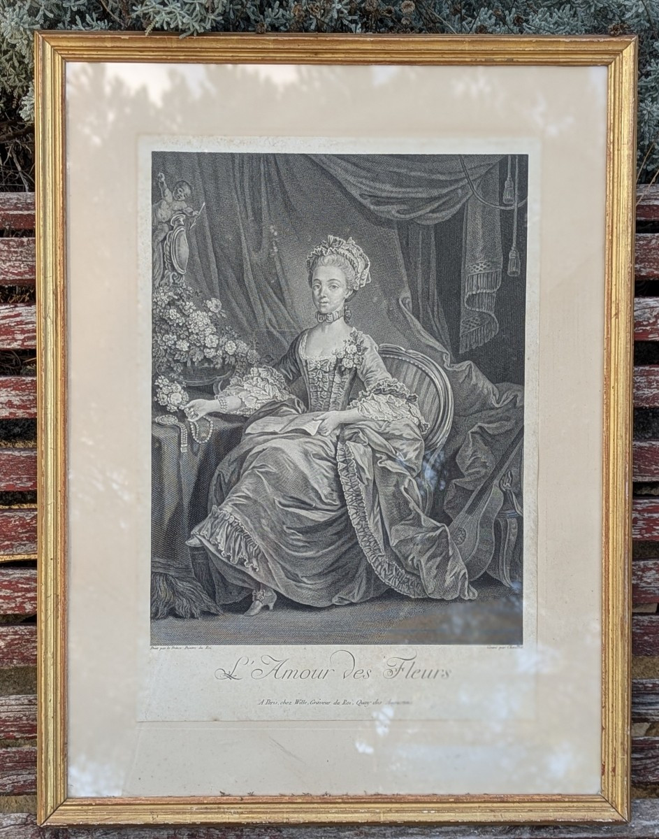 L' Amour des fleurs grande gravure encadrée XVIII ème siècle d'après Le Prince