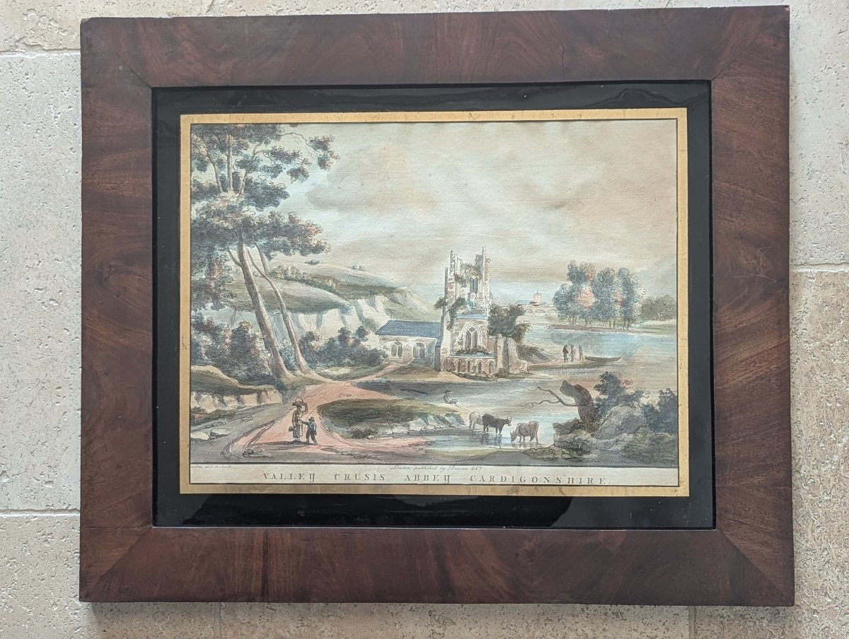 Three English Watercolor Engravings Framed Under Glass, 18th Century -photo-4