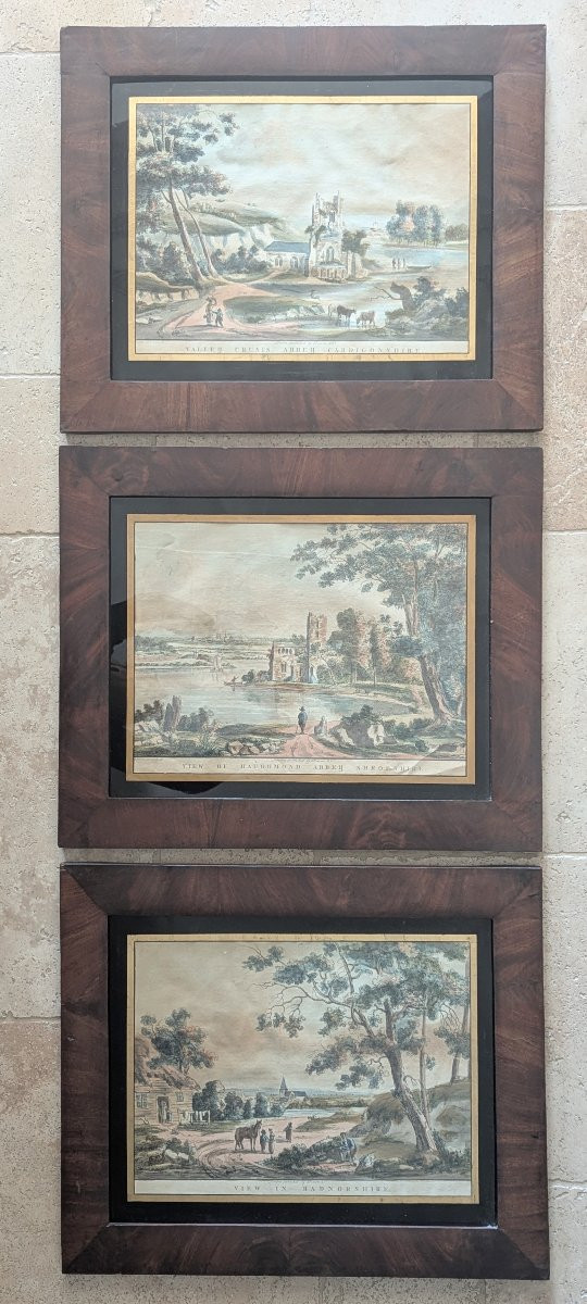 Three English Watercolor Engravings Framed Under Glass, 18th Century -photo-6