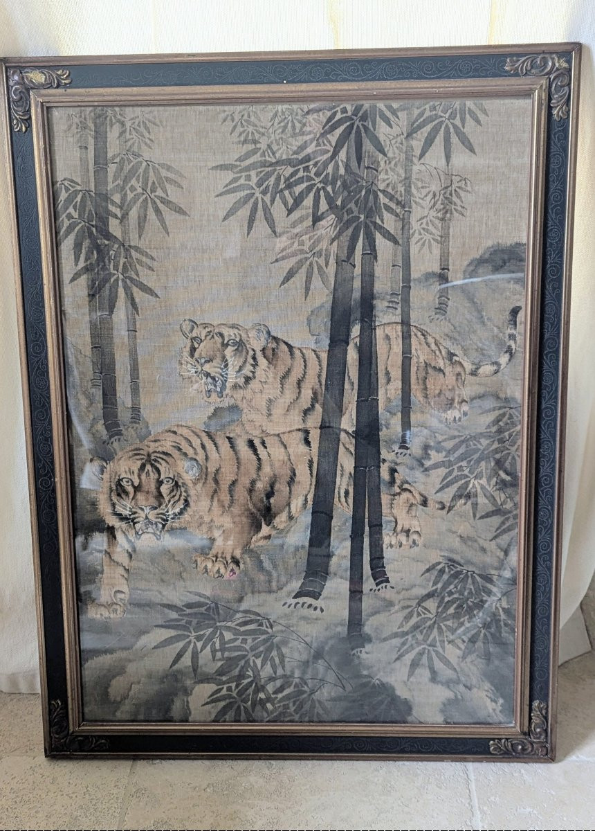 Japanese Silk Painting, Circa 1900. Tigers In A Bamboo Forest -photo-2