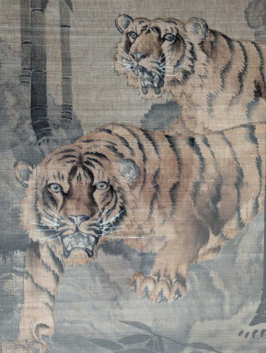 Japanese Silk Painting, Circa 1900. Tigers In A Bamboo Forest -photo-4