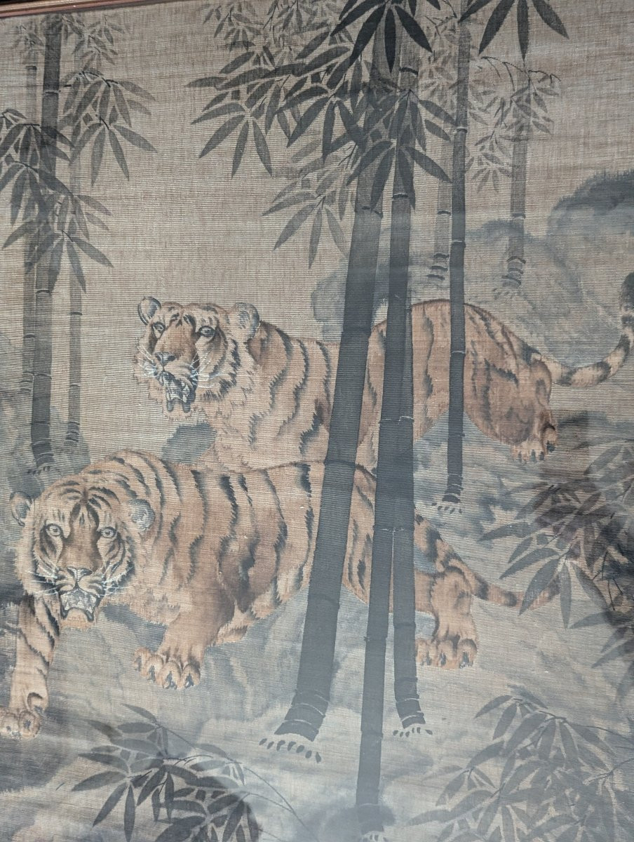 Japanese Silk Painting, Circa 1900. Tigers In A Bamboo Forest -photo-1