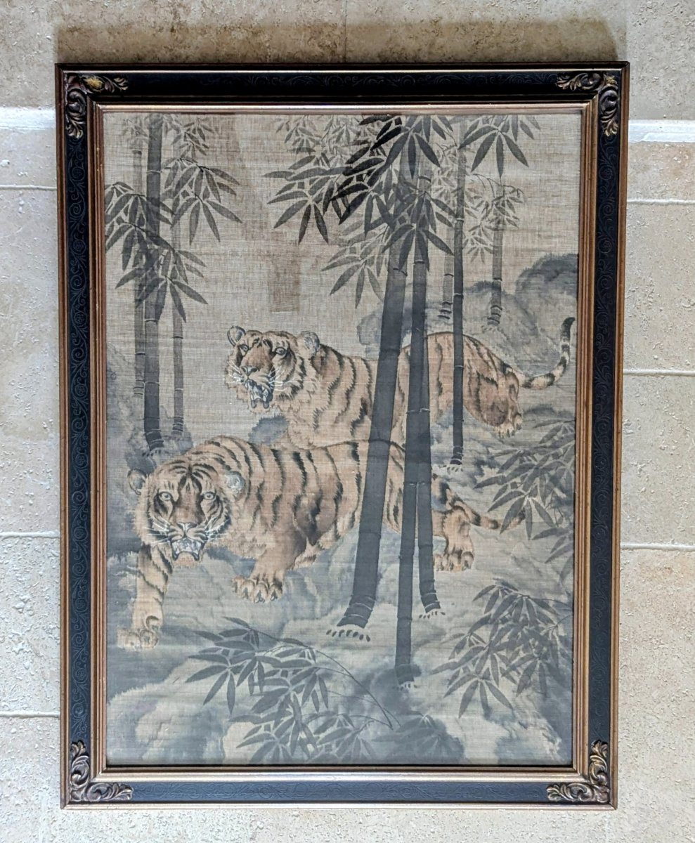 Japanese Silk Painting, Circa 1900. Tigers In A Bamboo Forest -photo-2