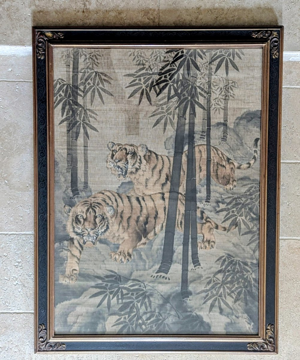 Japanese Silk Painting, Circa 1900. Tigers In A Bamboo Forest -photo-6