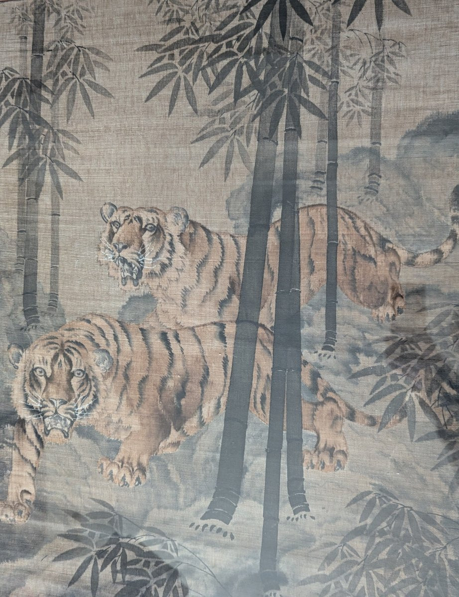 Japanese Silk Painting, Circa 1900. Tigers In A Bamboo Forest -photo-7