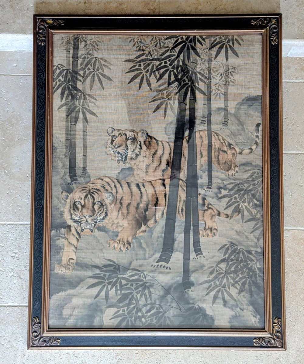 Japanese Silk Painting, Circa 1900. Tigers In A Bamboo Forest 