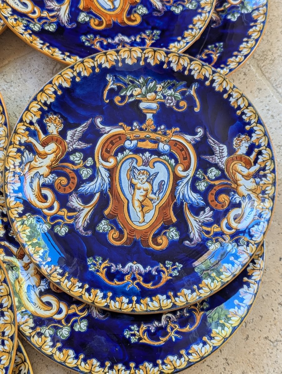 Set Of 10 Dinner Plates. Gien Earthenware. "italian Renaissance" Design With A Midnight Blue Background-photo-2