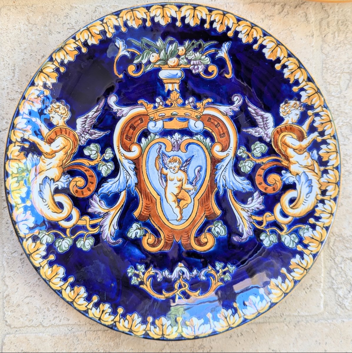 Set Of 10 Dinner Plates. Gien Earthenware. "italian Renaissance" Design With A Midnight Blue Background-photo-3