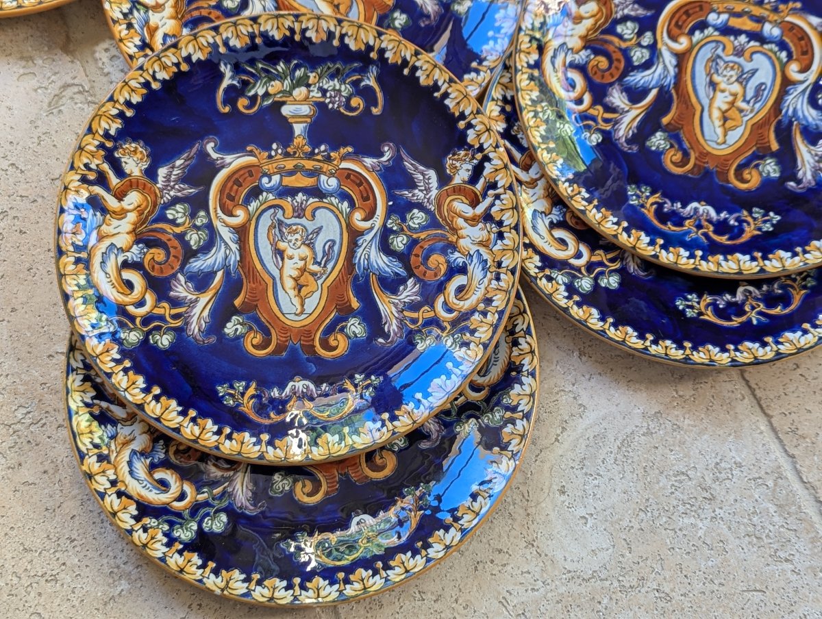 Set Of 10 Dinner Plates. Gien Earthenware. "italian Renaissance" Design With A Midnight Blue Background-photo-4