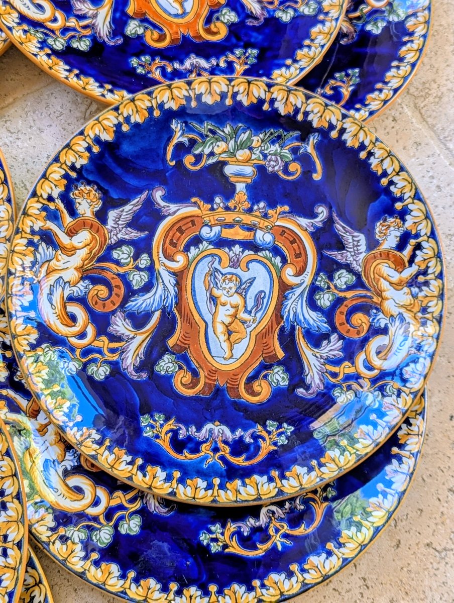 Set Of 10 Dinner Plates. Gien Earthenware. "italian Renaissance" Design With A Midnight Blue Background-photo-2