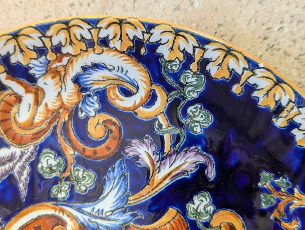 Set Of 10 Dinner Plates. Gien Earthenware. "italian Renaissance" Design With A Midnight Blue Background-photo-3