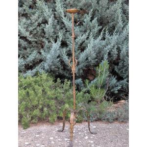 Hammered Tripod Candlestick In Gilded Patinated Wrought Iron 