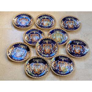 Set Of 10 Dinner Plates. Gien Earthenware. "italian Renaissance" Design With A Midnight Blue Background