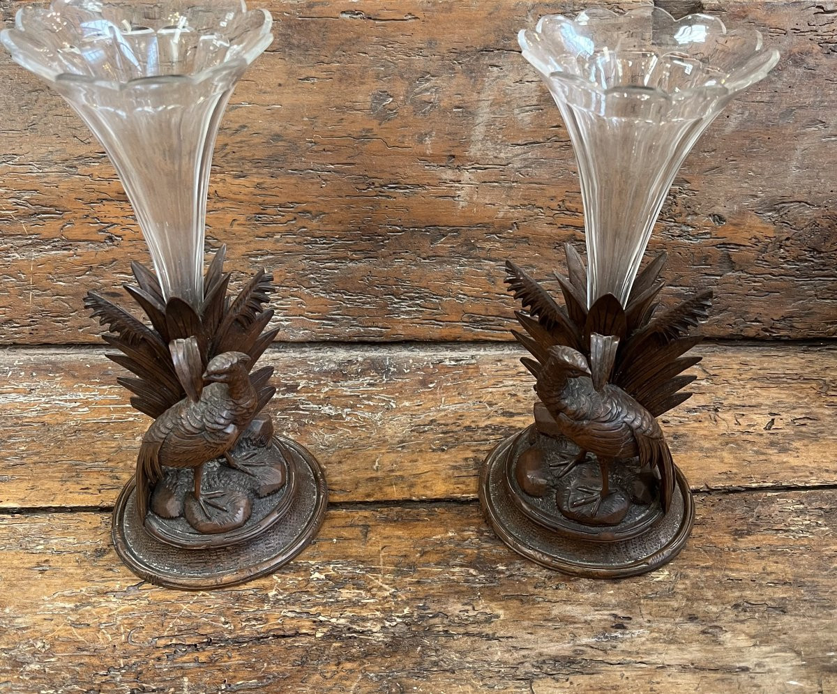 Pair Of Carved Wooden And Crystal Vases-photo-3