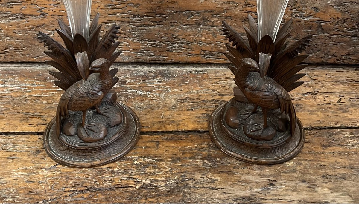 Pair Of Carved Wooden And Crystal Vases-photo-1