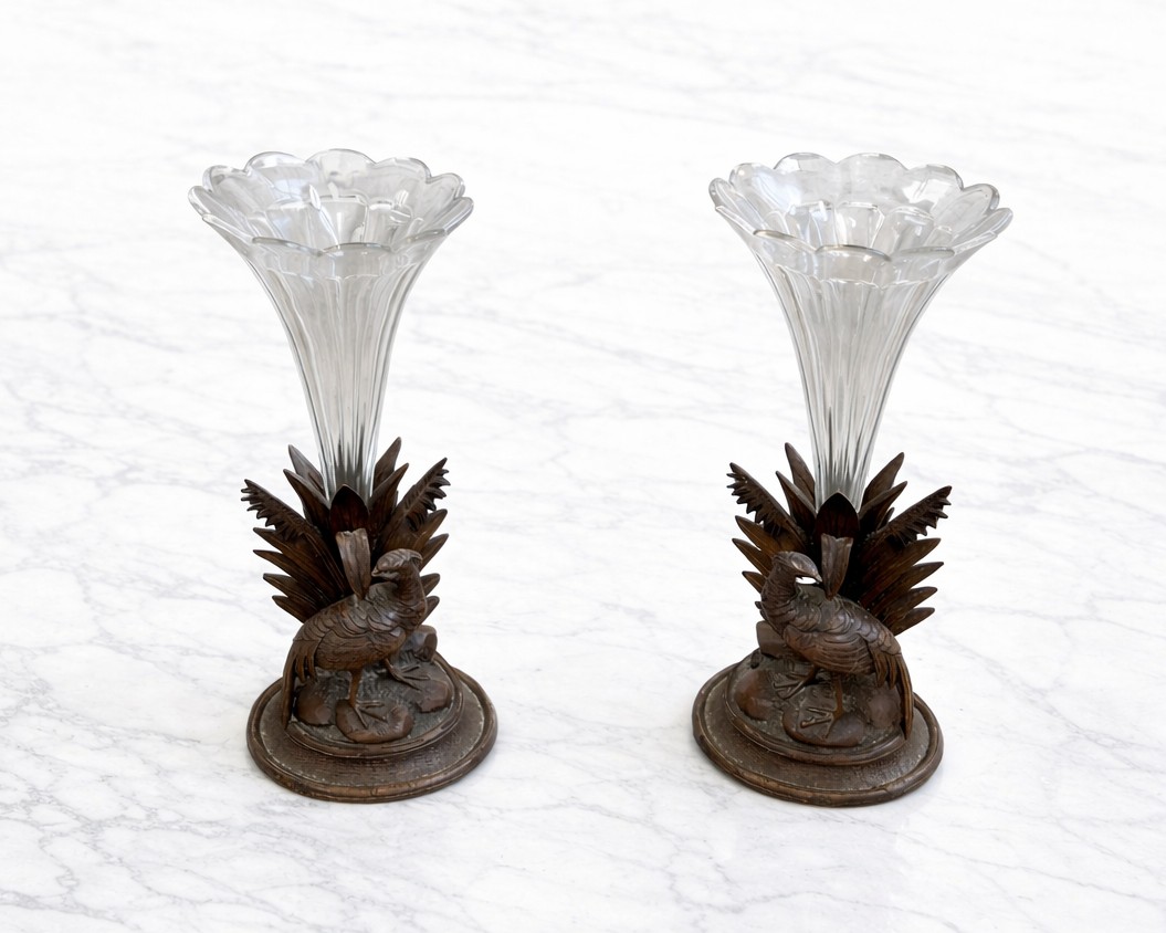 Pair Of Carved Wooden And Crystal Vases