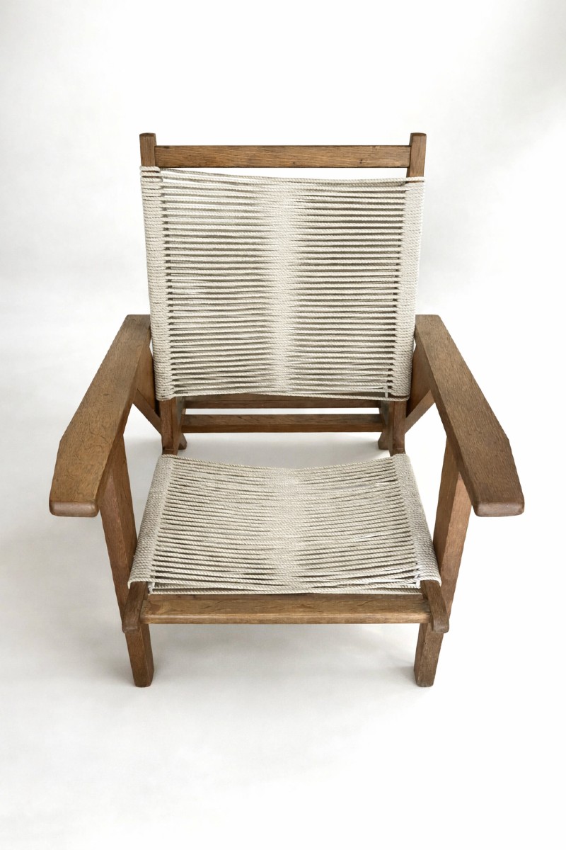 Scandinavian Armchair In Solid Wood And Rope – 1950s