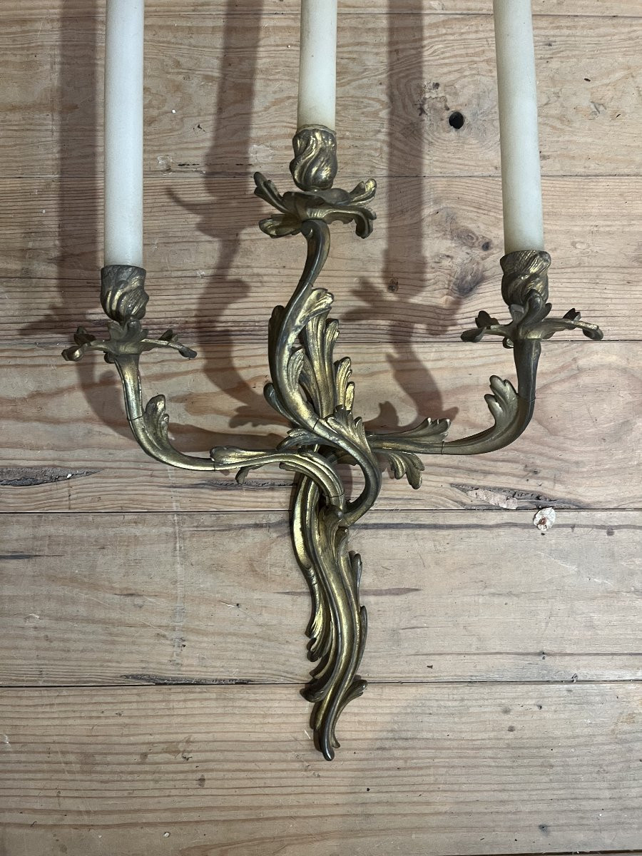 Pair Of Napoleon III Gilt Bronze Wall Sconces – Louis XV Rococo Style – Opaline Glass Candles-photo-2