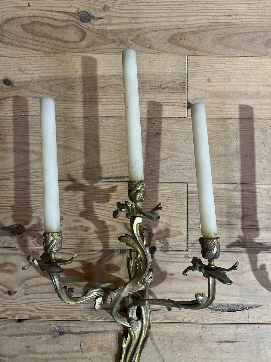 Pair Of Napoleon III Gilt Bronze Wall Sconces – Louis XV Rococo Style – Opaline Glass Candles-photo-3