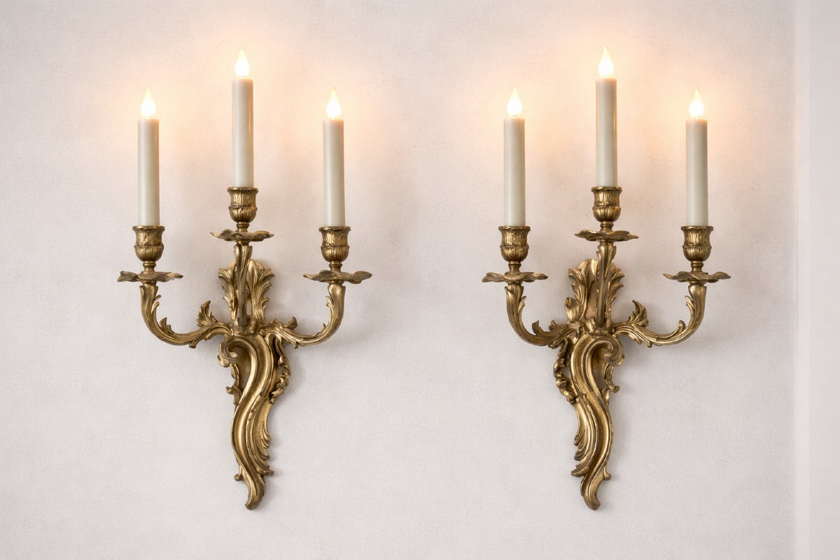 Pair Of Napoleon III Gilt Bronze Wall Sconces – Louis XV Rococo Style – Opaline Glass Candles