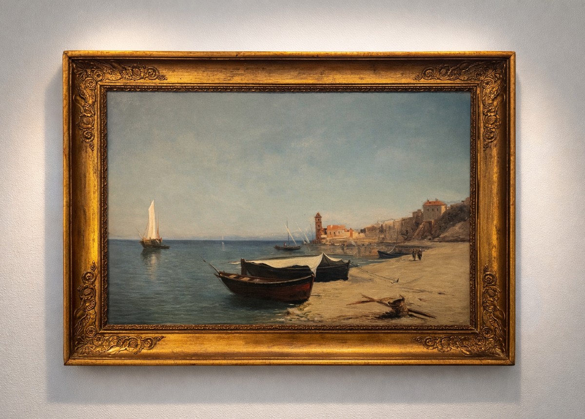 Mediterranean View – Probably Collioure – Fishing Boats On The Shore