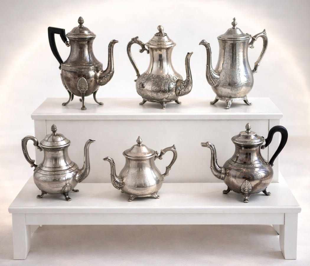 Set Of Six Silver-plated Metal Teapots – From The First Empire To The Late 19th Century