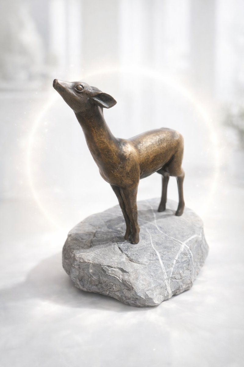 Charles Reussner (XXe siècle) Biche stylisée – Bronze à patine médaille, sur socle en pierre-photo-3