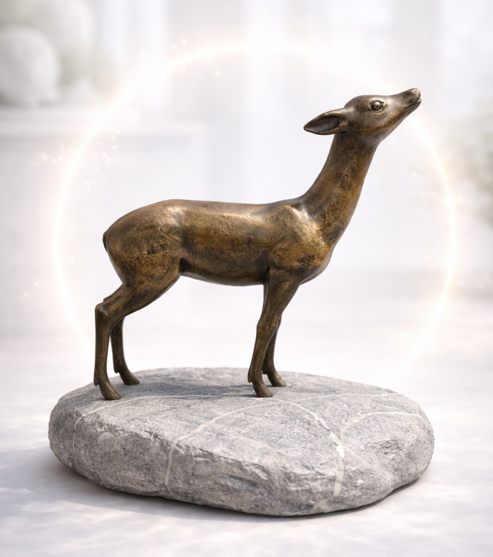 Charles Reussner (XXe siècle) Biche stylisée – Bronze à patine médaille, sur socle en pierre