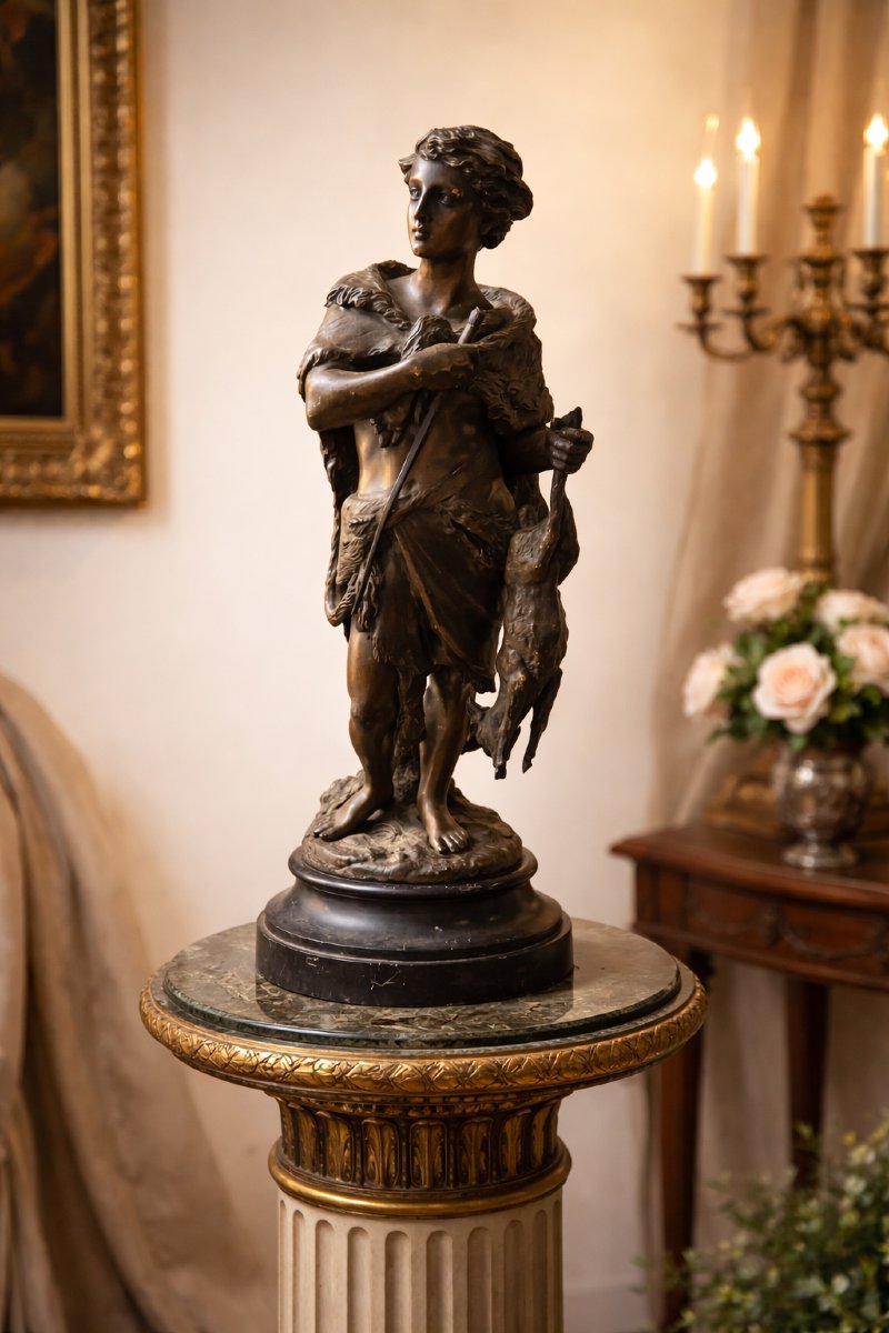 Bronze Signed Boyer – Young Hunter With Game-photo-2