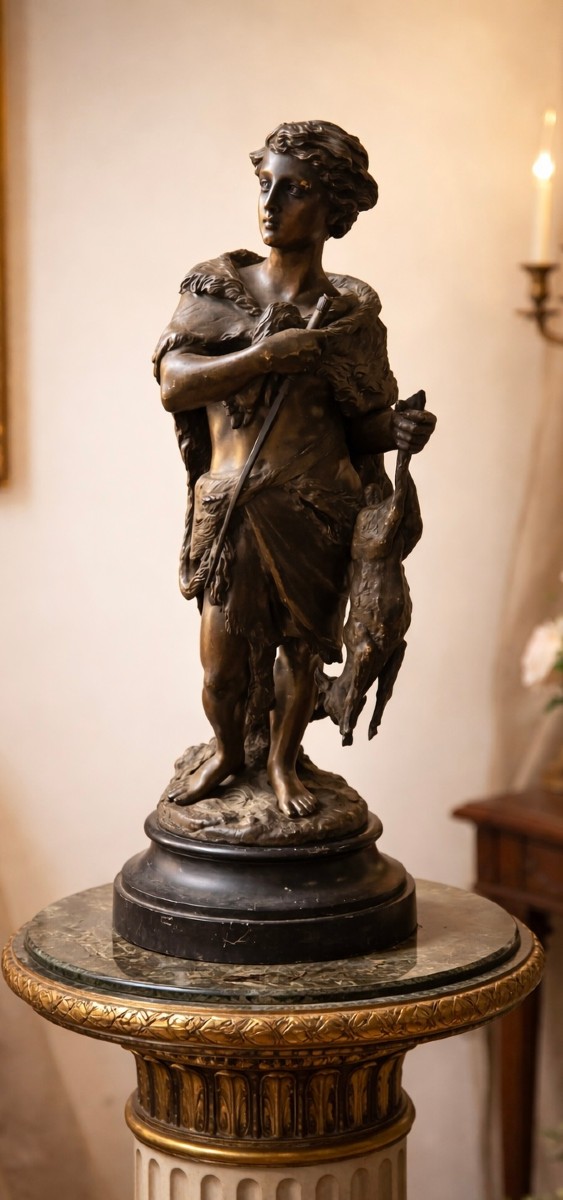 Bronze Signed Boyer – Young Hunter With Game-photo-1